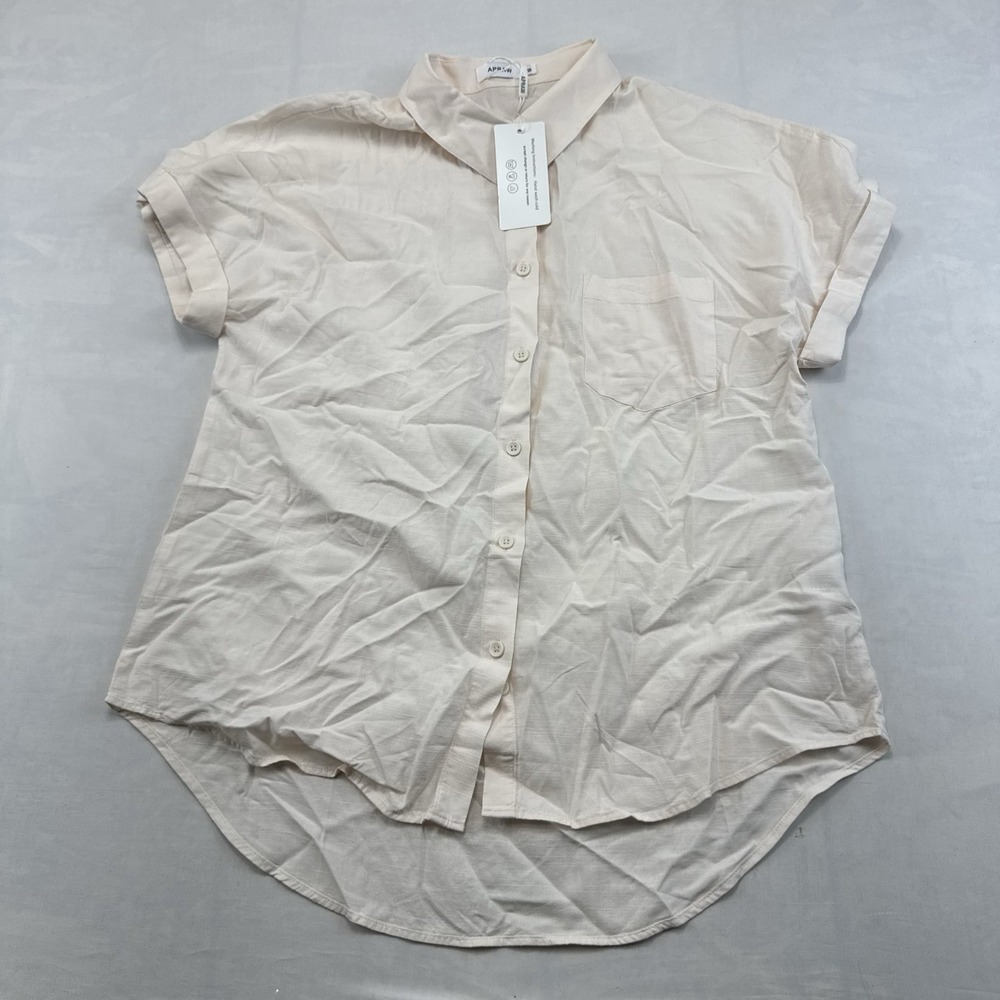 Womens M Ivory Cream Button Down Blouse Short Sleeve Oversized Tunic Coastal NWT